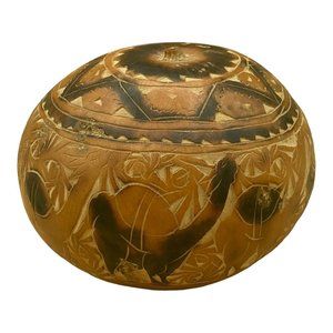 Vintage Peruvian Alpaca South American Folk Art Hand Carved Pictorial Gourd